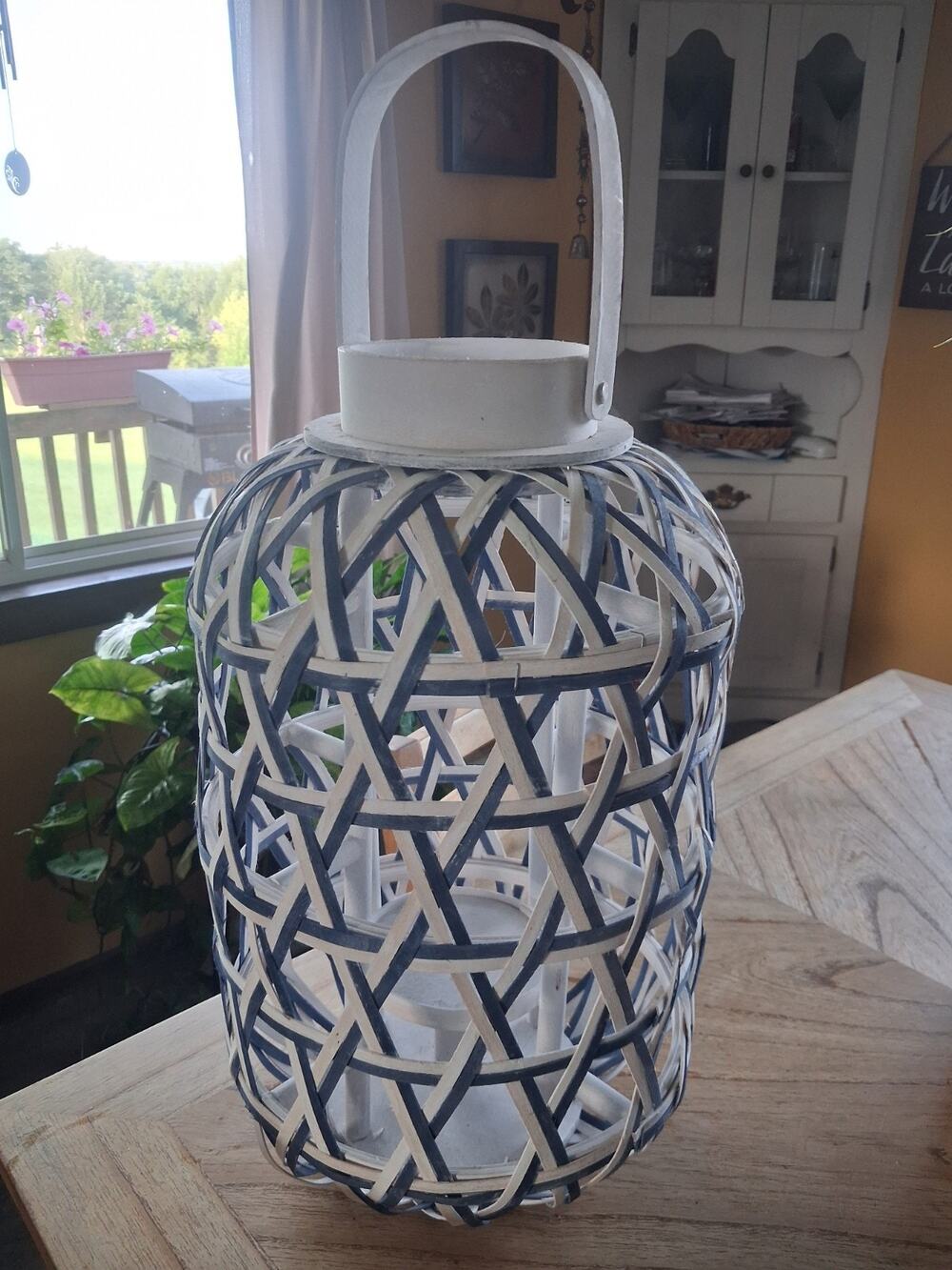 Large coastal farmhouse , white navy blue woven lantern candle holder